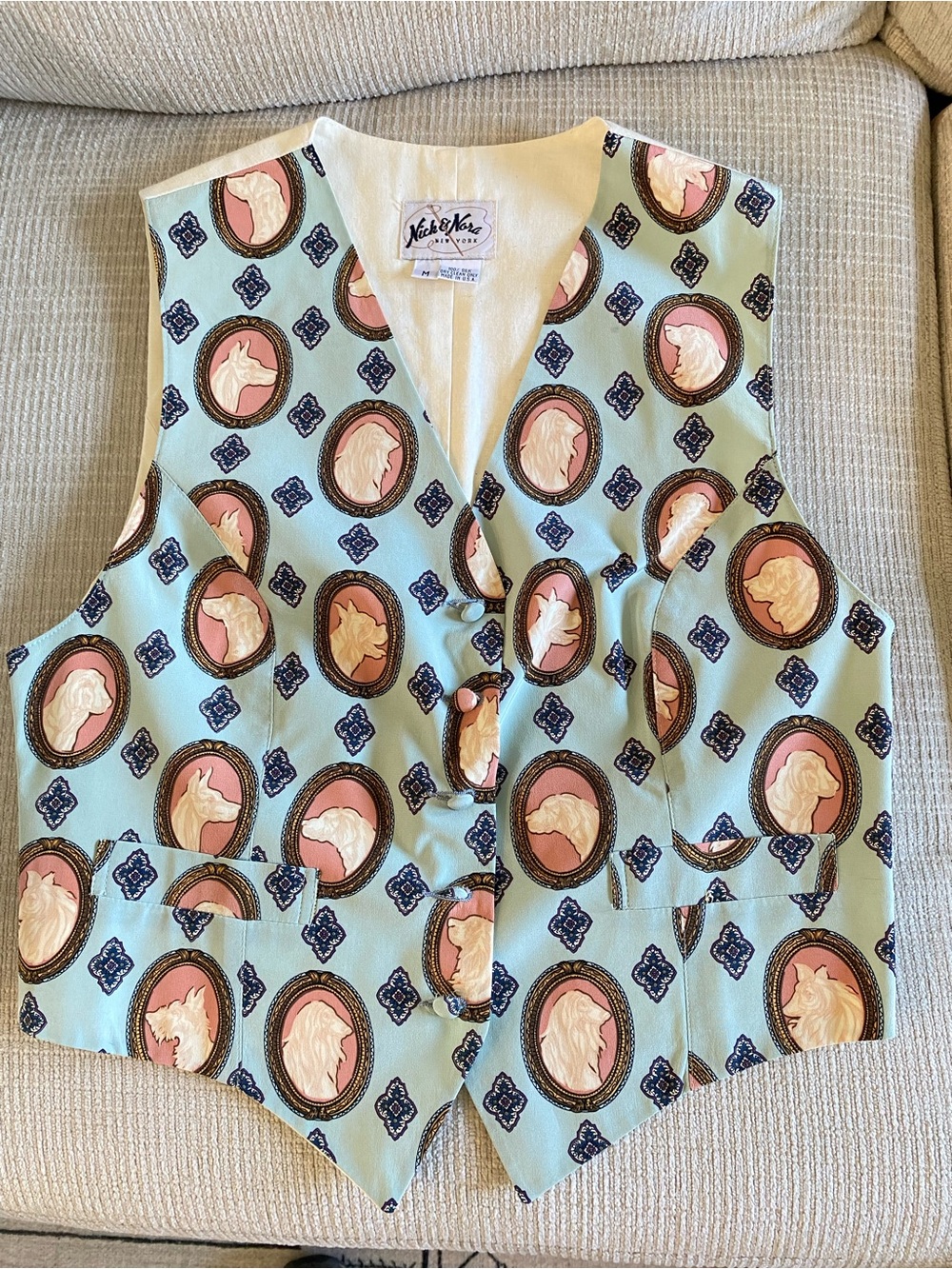 Nick & Nora Silk Vest in Mint, Pink and Navy Cameo Print